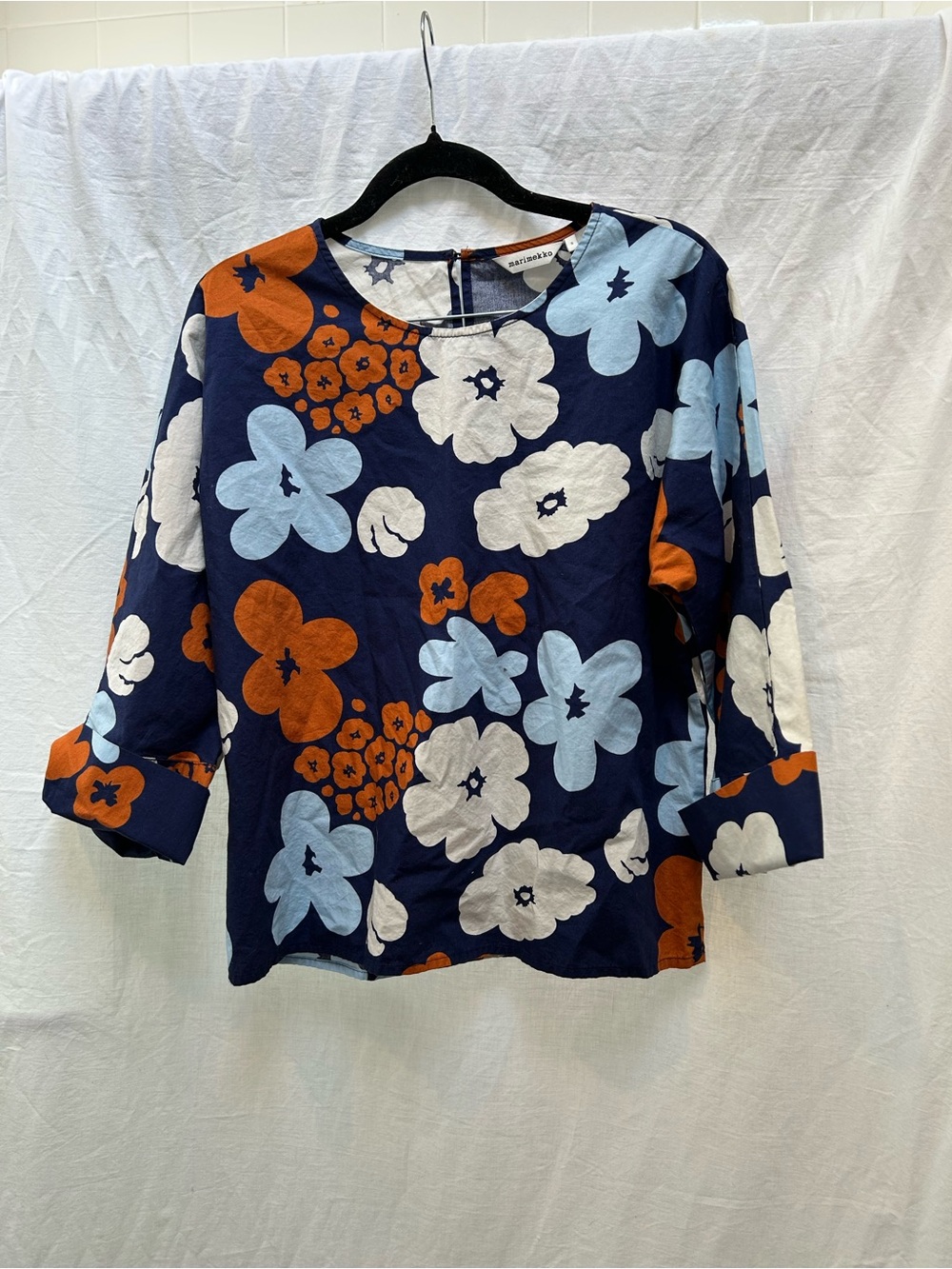 Marimekko blue orange bold flower print cotton top S Scandinavian